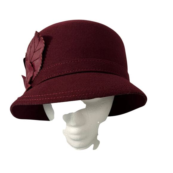 Vtg Banash Boston Maroon Wool Cloche Hat Leather Flower Accent Dark Academia main image 8
